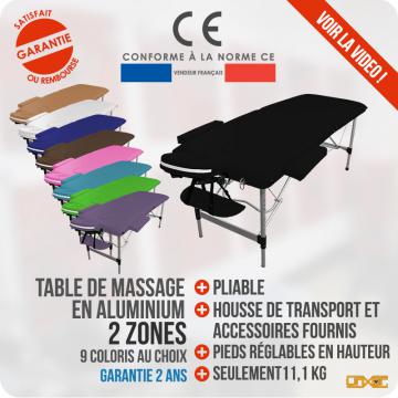 Table de massage Alu - 2 zones pliante - Différents coloris